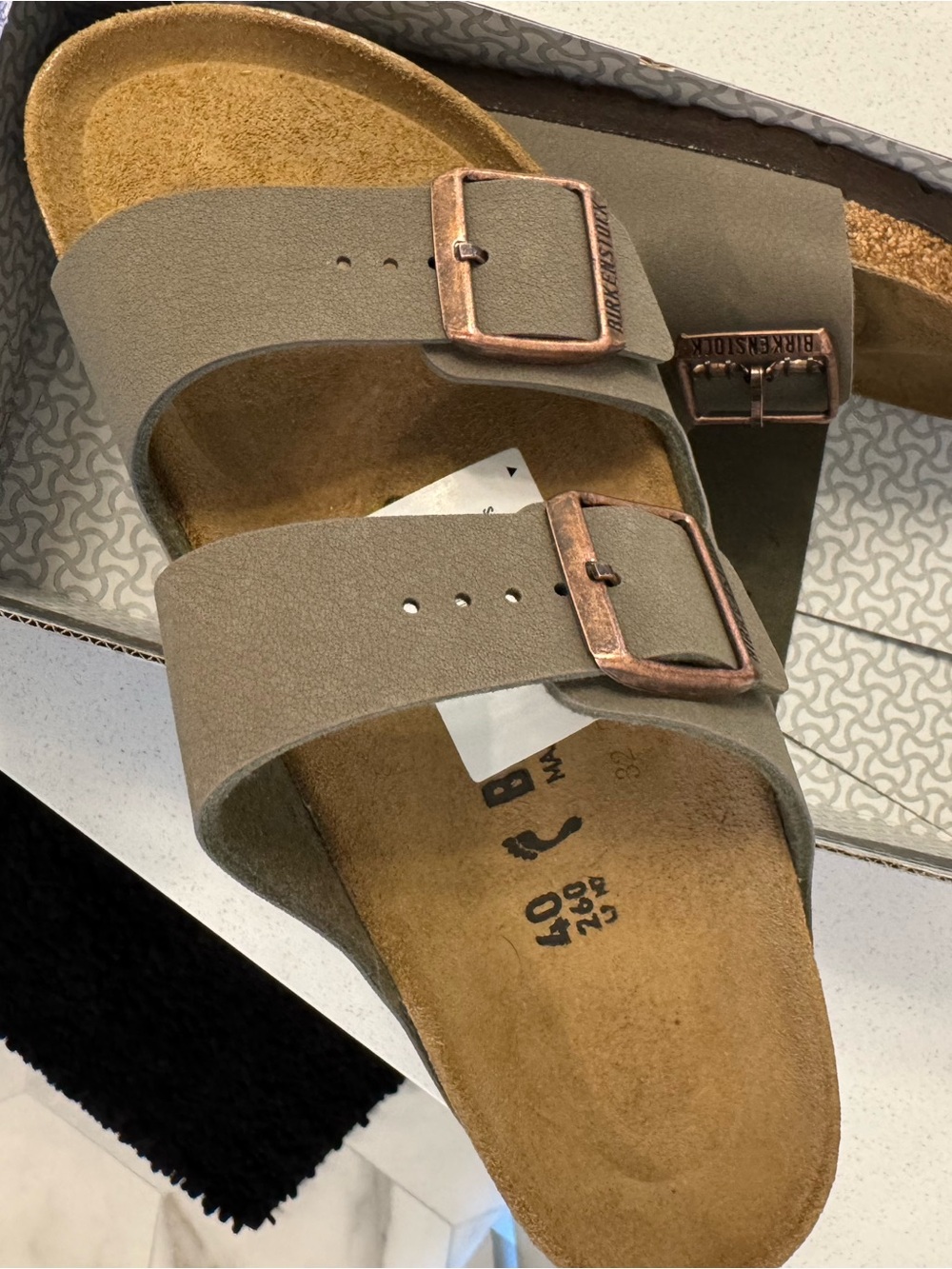 Birkenstock Arizona Two-Strap Sandal — Taupe with Copper Buckles